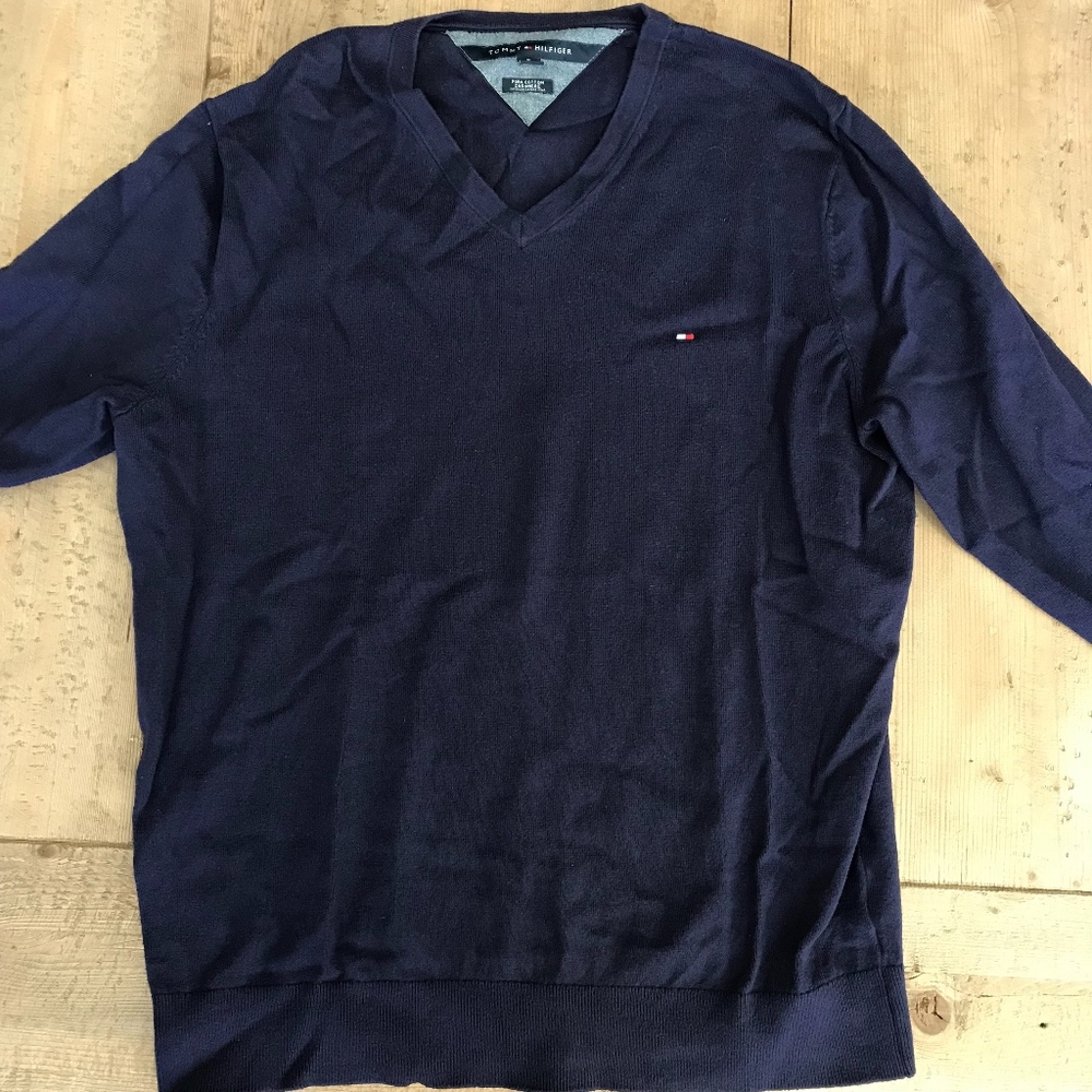 Tommy Hilfiger Navy V-Neck Cashmere Cotton Sweater